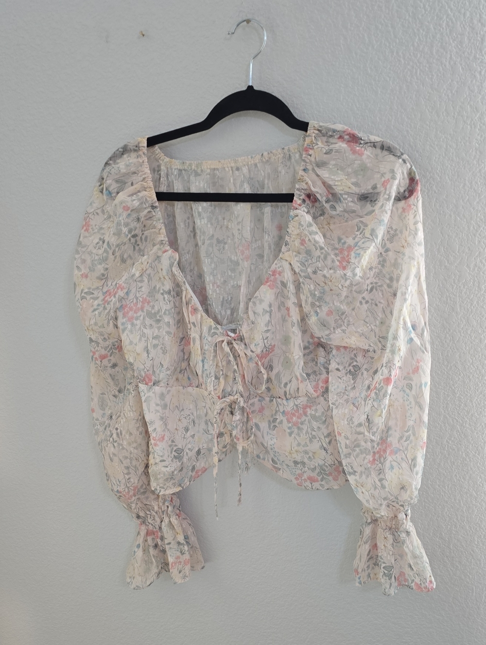 Sheer Floral Tie-Front Blouse - Cream with Pastel Floral